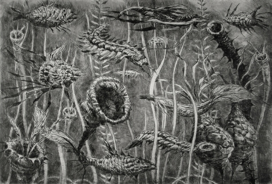 Diorama, drypoint and watercolour, 8x12 inches, edition of twenty