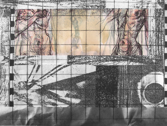 The Machine In The Garden, drypoint, digital, spraypaint, relief, chine colle, 12x18in. one of one