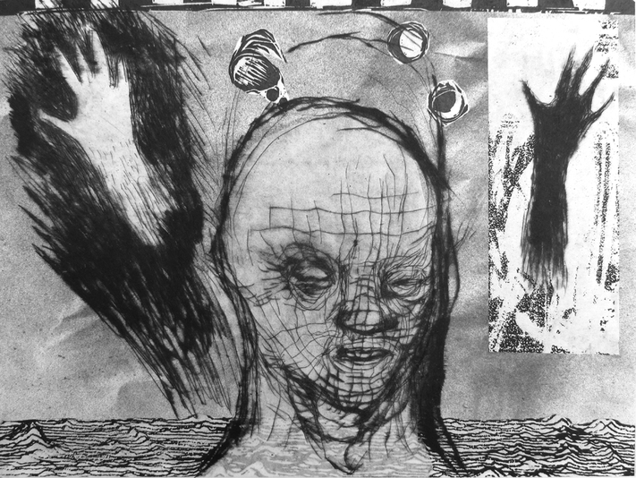 Tactile Thoughts, drypoint, silkscreen, spraypaint, relief, drawing, chine colle, one of several