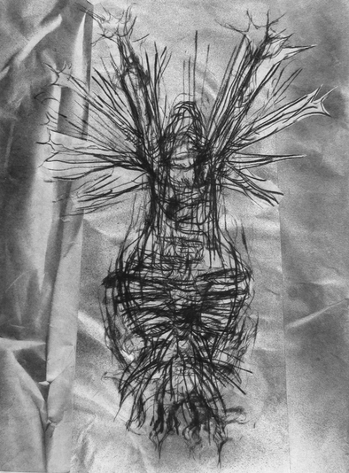 Irradiated Figure 2, drypoint, spraypaint, chine colle, 12x18in. one of one
