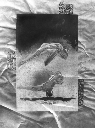 Two Exposed Figures in Motion, drypoint, drawing, spraypaint, silkscreen, chin colle, 12x18in. one of one