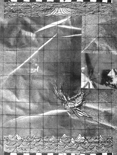Incident Between Heaven and Hell, drypoint, spraypaint, silkscreen, relief, chine colle, drawing, 12x18in. one of one