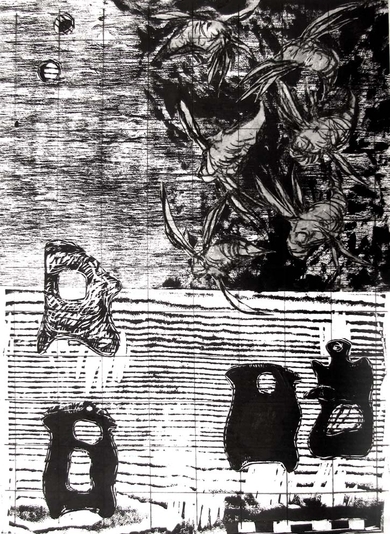 Lot's Wife Looks Back, drypoint, relief, drawing, chine colle, 12x18in. one of one