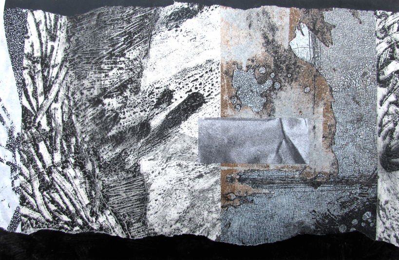 Uprising, etching, spraypaint, silkscreen, acrylic, chine colle, 8x12in