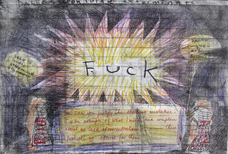 FUCK!, crayon, drypoint, chine colle, 8x12 inches one of one