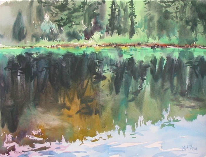 Battleship Lake Reflections, 11x15 inch watercolour 250.00 unframed