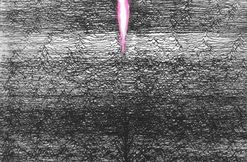 Instinctive Drift, drypoint, silkscreen, chine colle, 11x17in. one of one
