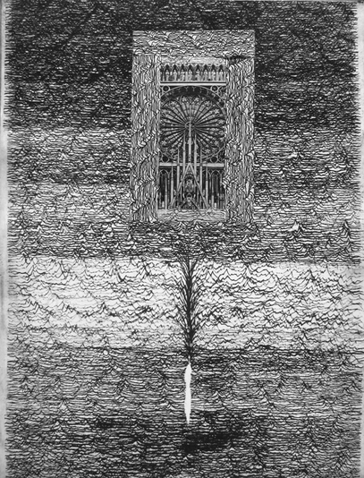 Turbine, drypoint, silkscreen, Zarnicky text, chine colle, 18x24 inches, one-of-one