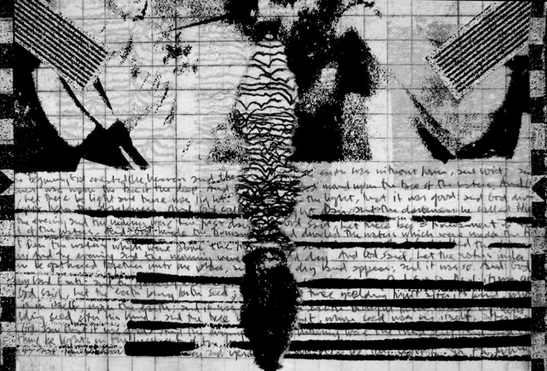Genesis, drypoint, silkscreen, crayon, chine colle 8x12 inches one-of-one
