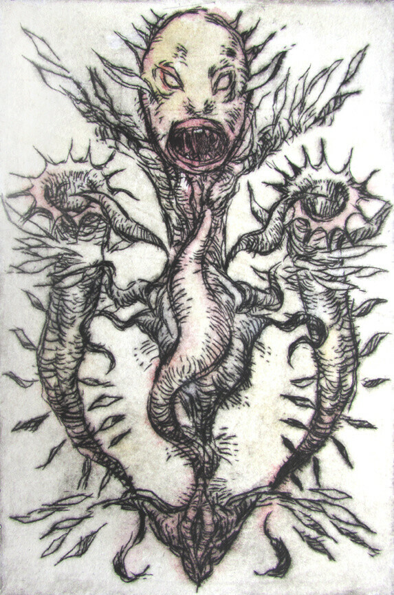 Devil in Details, 4x6in. drypoint with watercolour tint 40.00