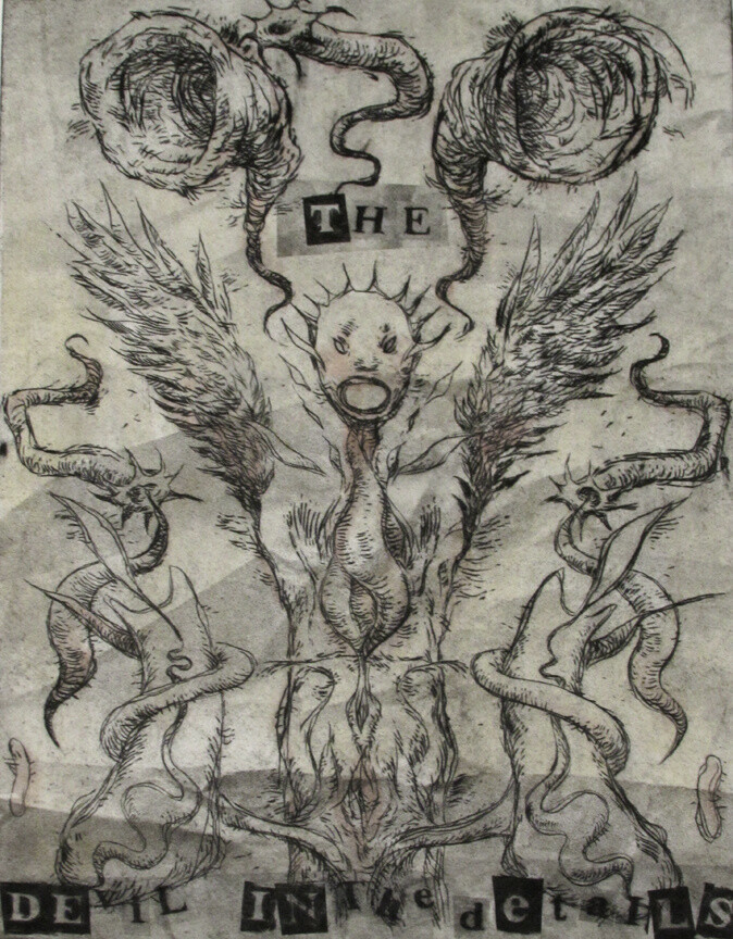The Devil In The Details, drypoint, spraypaint, chine colle, watercolour 8x10 inches 80.00