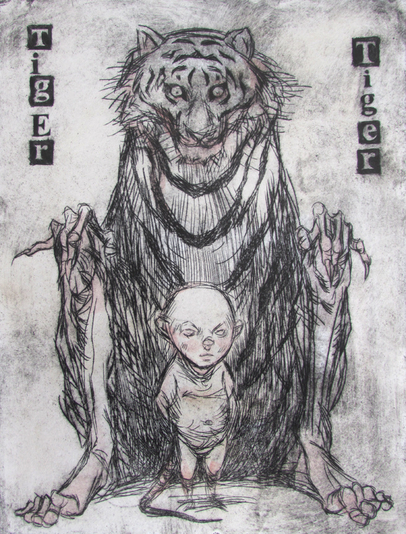 Tiger Tiger, drypoint, watercolour, spraypaint, chine colle, 8x12 inches edition of five