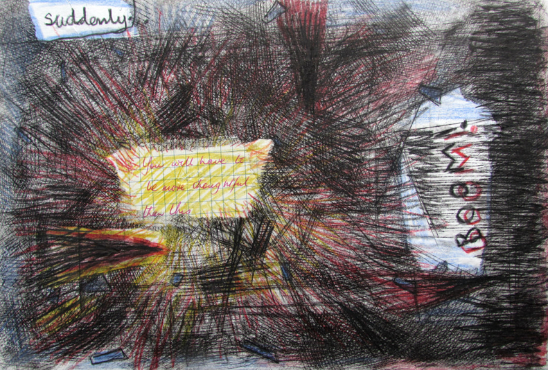 You Will Have To Be More Thoughtful Than This, drypoint, crayon, teacher admonitions from childhood notebooks,  chine colle, 8x12 inches one-of-one