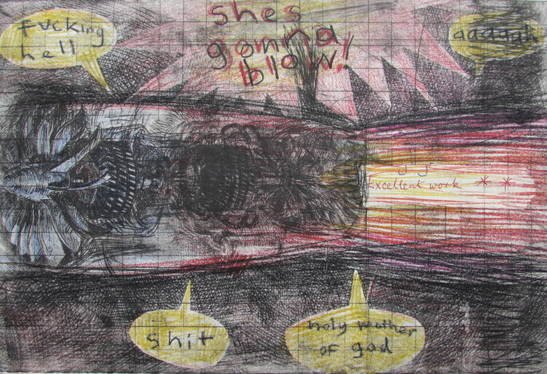 She's Gonna Blow!, drypoint, drawing, elementary school teacher comments, 8x12 inches, one-of-one