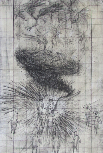 Demon Core, drypoint, chine colle, watercolour 8x12 inches one-of-one