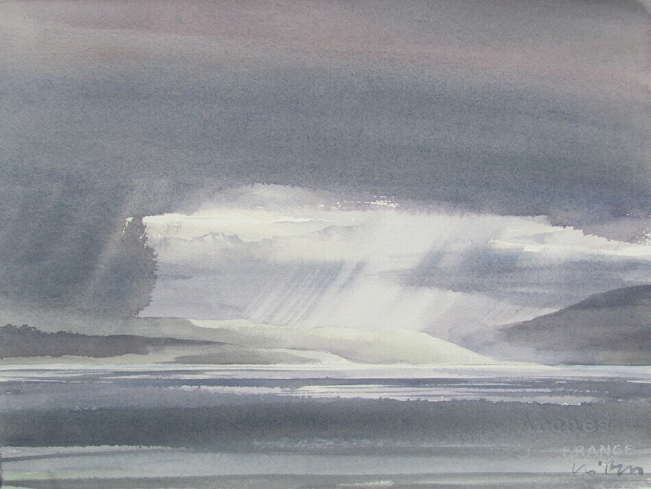 Light And Rain On Salish Sea Island, 11x15 inches, 250.00 unframed.