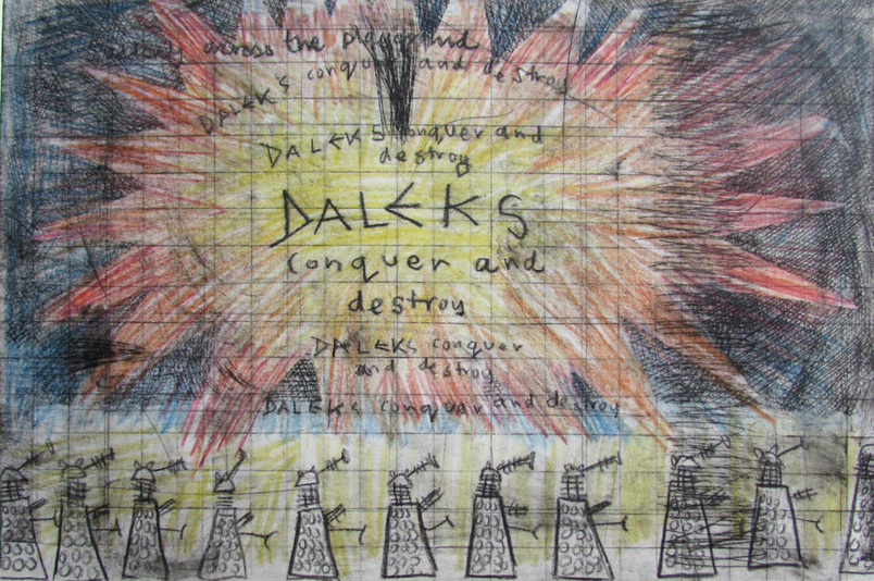 Daleks Conquer And Destroy, drypoint, crayon, chin colle, 8x12 inches