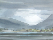 Faraway Shore and Mountain 11x15 inch watercolour 250.00 unframed