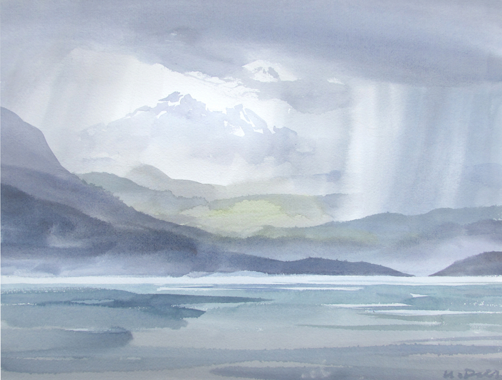 Showers Toward Mainland, 11x15 inch watercolour 250.00 unframed
