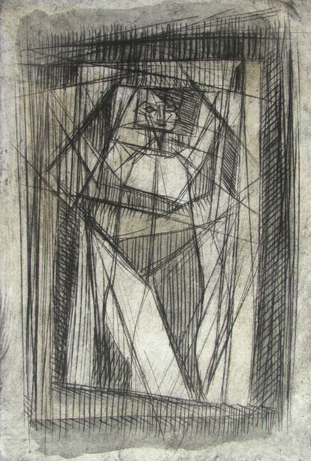 Figure on a Cubist Lattice, drypoint and watercolour tint edition of 25 40.00