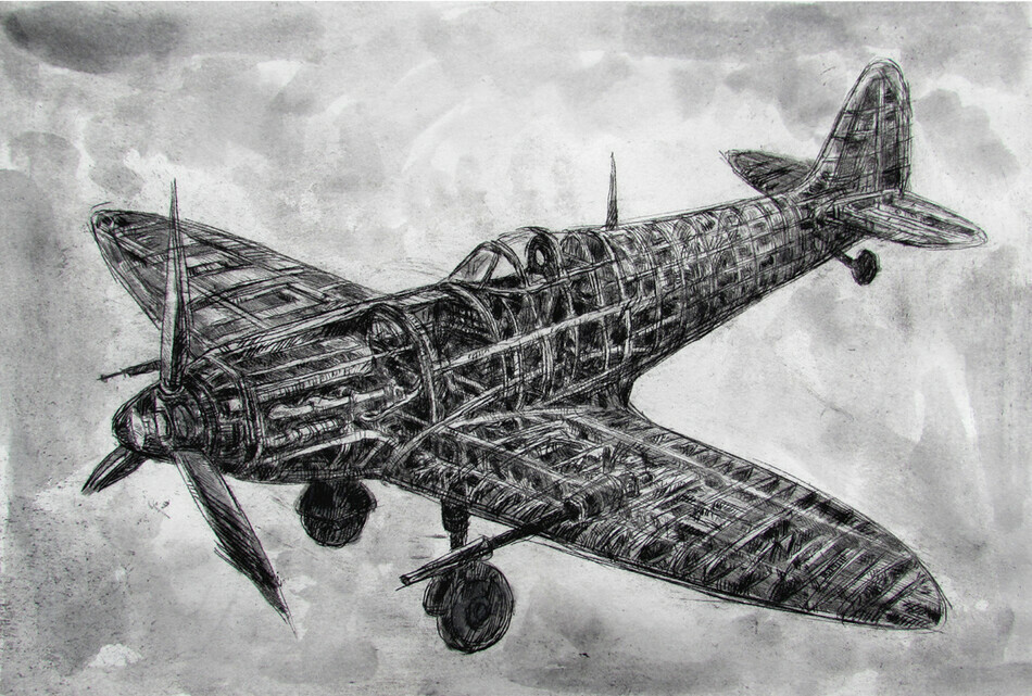 Spitfire, drypoint, 8x12 inch.