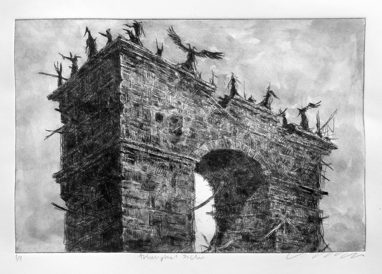 Triumphal Arch, 8x12 inch intaglio drypoint print with watercolour tint.