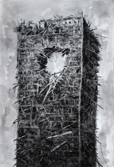 Tower, drypoint with watercolour tint, 8x12 inches edition of 20