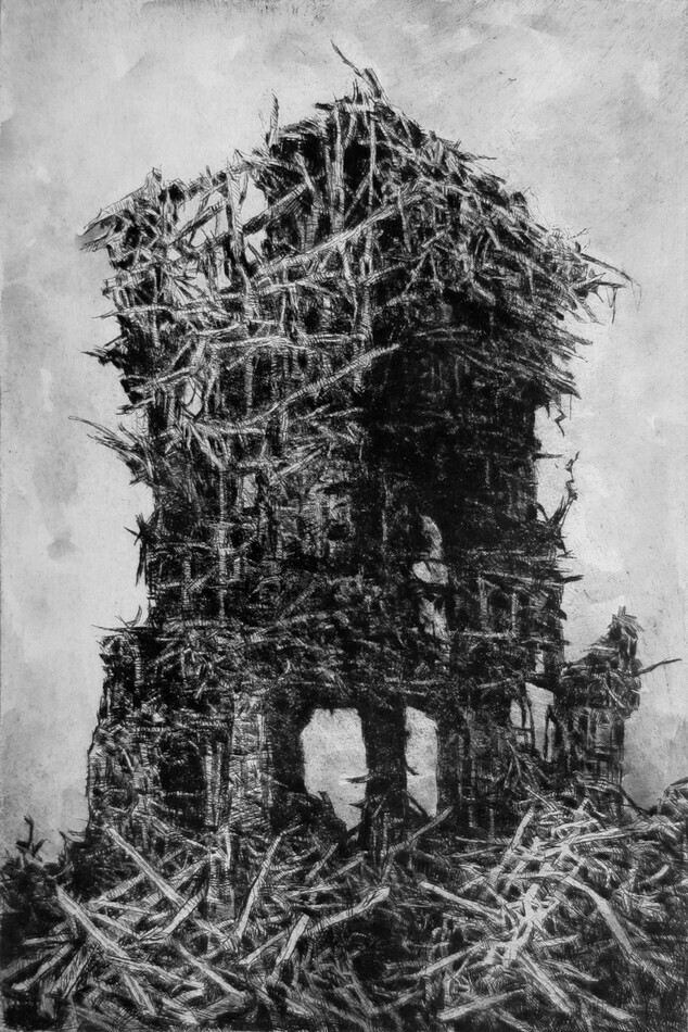 Tower, drypoint with watercolour tint, 8x12 inches.
