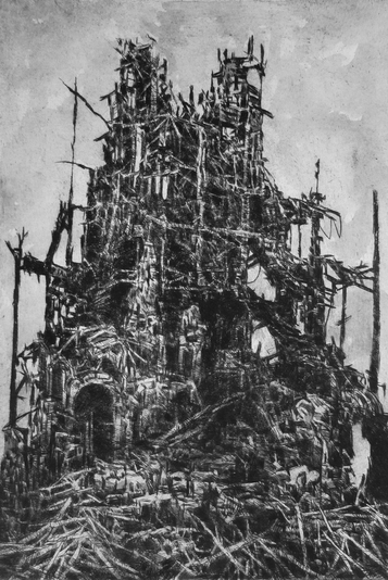Cathedral, drypoint with watercolour tint, 8x12 inches, edition of 20