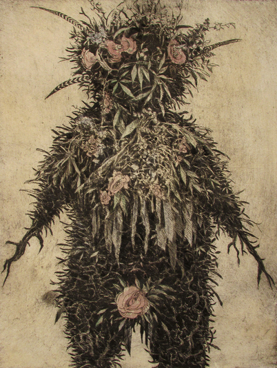 Vengeful Forest Figure, drypoint, tea, watercolour, 10x13 inches, edition of twenty