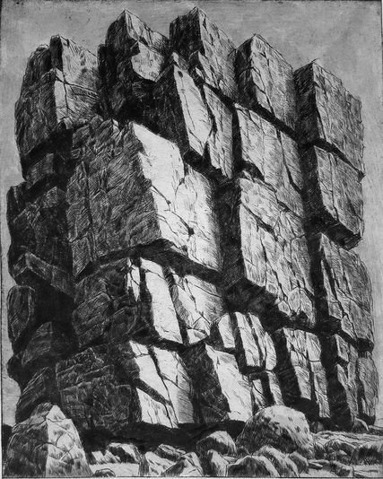 Remains of the Old Wall, drypoint with watercolour tint, 8x10 inches, edition of twenty