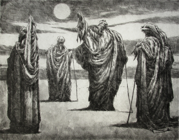 Figures in an Old Testament Landscape, drypoint and watercolour, 8x10 inches, edition of tweinty