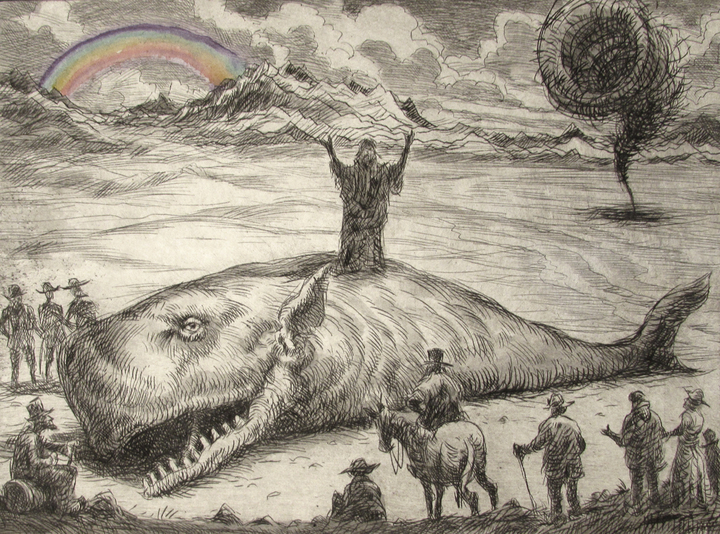 Sermon On The Whale After The Flood, drypoint and watercolour, 6x8 inches edition of twenty