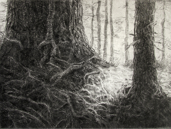 Two Trees, drypoint and watercolour tint, 8x6 inches, edition of five.