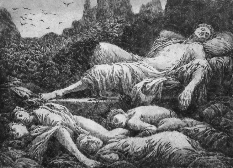 Sleeping Figures in a Landscape, drypoint and watercolour tint, approx. 7x10 inches, edition of five