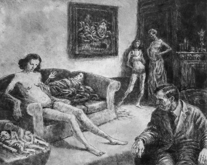 Ghosts in a Room, drypoint with watercolour tint, 8x10 inches, edition of five