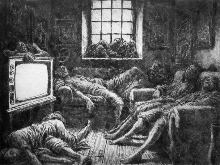Ghosts in a Room, drypoint and watercolour tint, 8x10 inches, edition of five.