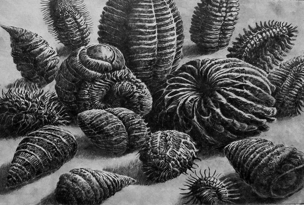 Humming Ancient forms, drypoint with watercolour tint, 7.5 x 9.5 in. edition of five