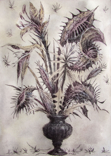 Dangerous Flowers, drypoint with watercolour tint, 7.5 x 9.5 in. edition of five
