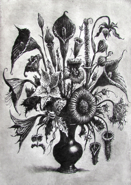Black Flowers, drypoint with watercolour tint, 7.5 x 9.5 in., edition of five
