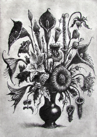 Black Flowers, drypoint with watercolour tint, 7.5 x 9.5 in., edition of five