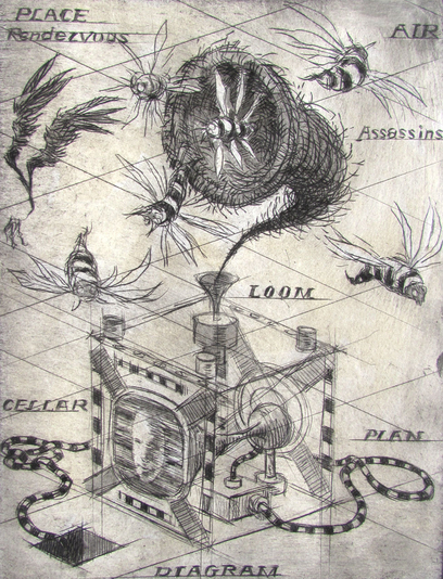 Influencing Machine, drypoint with watercolour tint, 6x8 in. edition of twenty