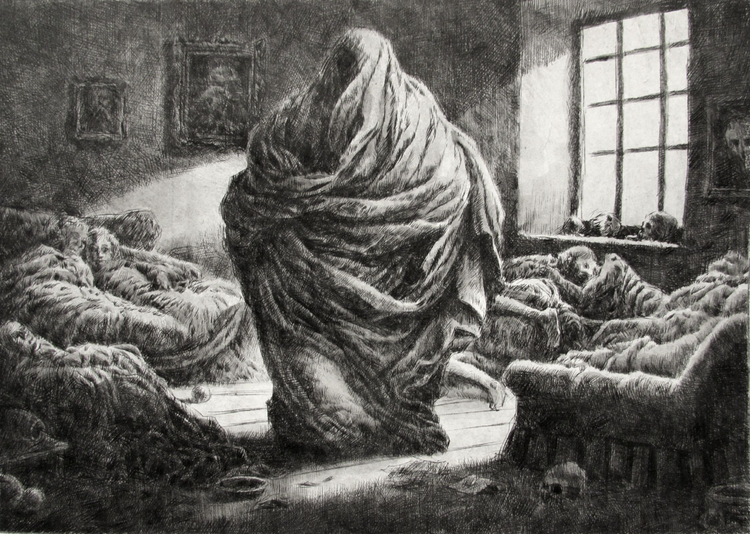 Visitor, drypoint with watercolour tint, 7.5 x 9.5 in. edition of five
